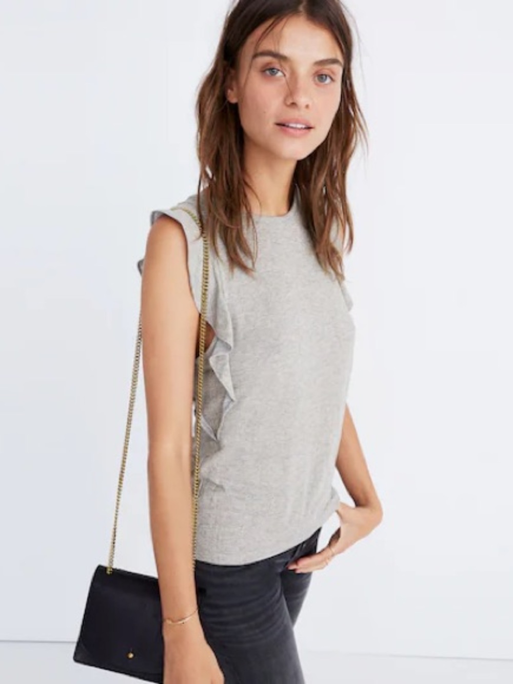 Madewell Metallic Ruffle Tank Top Gray Shimmer Ribbed Knit Size S